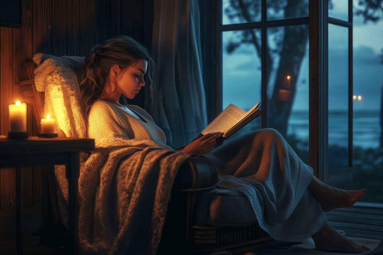 Jeune femme lisant un livre, assise près d'une fenêtre au crépuscule, éclairée par des bougies, dans une ambiance sereine et nostalgique.