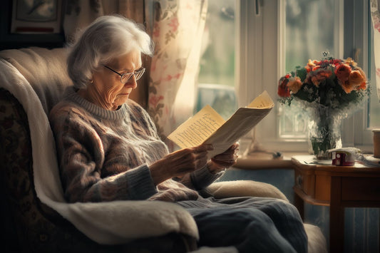 Une femme âgée assise près d'une fenêtre, lisant attentivement des lettres manuscrites, entourée de lumière douce et d'un bouquet de fleurs colorées sur une table.