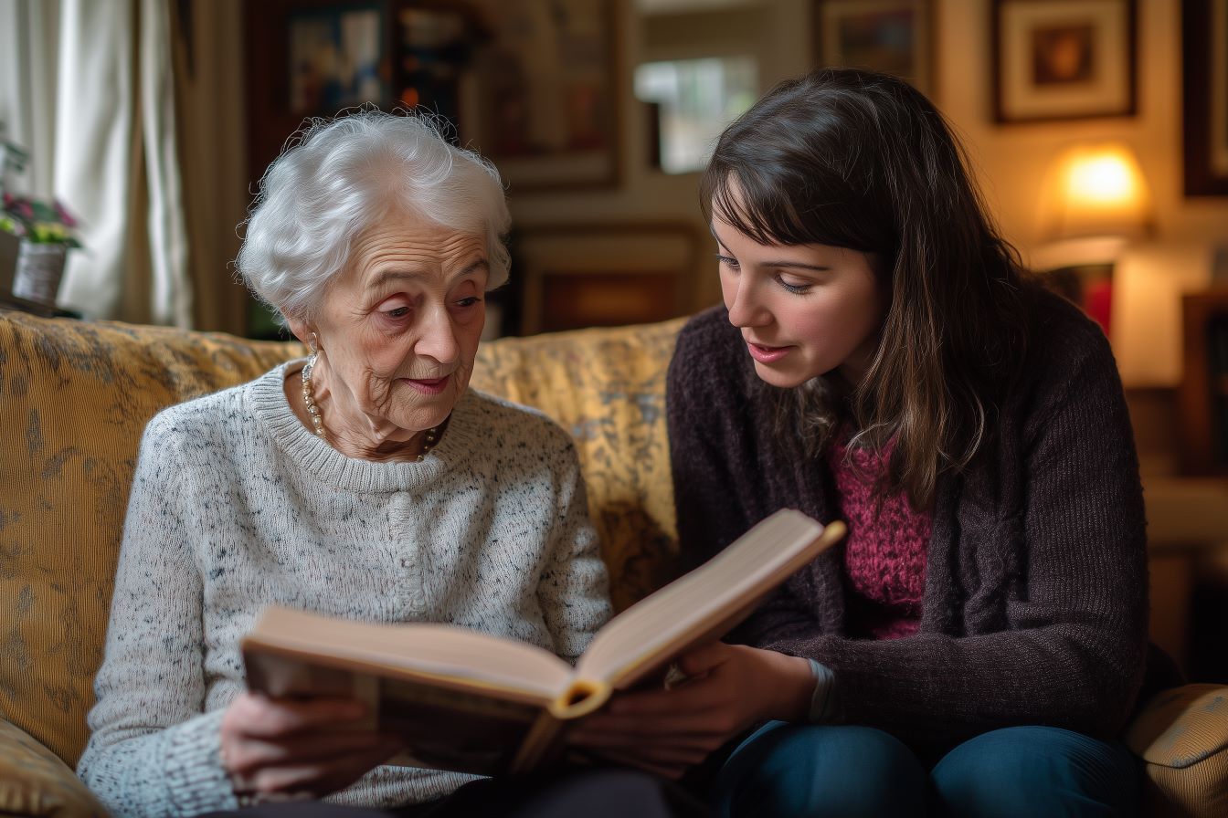 Une jeune femme assise aux côtés d'une femme âgée, partageant un moment intime en feuilletant ensemble un livre, symbole de transmission des souvenirs et de connexion intergénérationnelle.