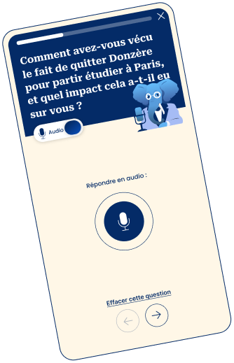 Écran de l'application Elefantia affichant une question personnalisée pour l'entretien de biographie, avec option de réponse audio.