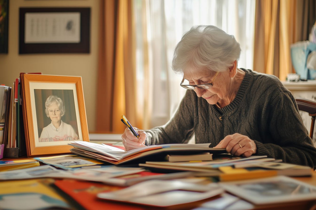 Femme âgée écrivant dans un cahier, entourée de photos et souvenirs, capturant ses mémoires précieuses.