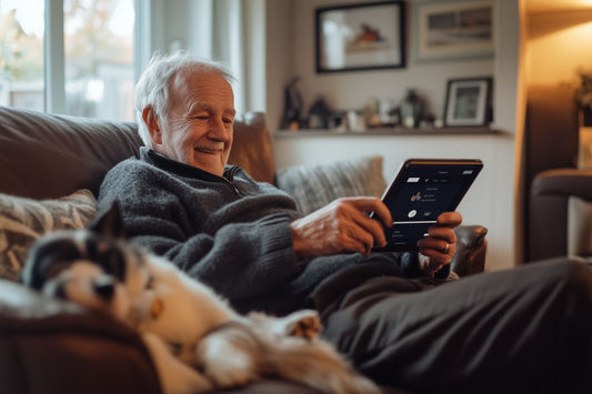 Homme âgé souriant, assis sur un canapé avec une tablette en main et un chien endormi à ses côtés, dans un salon chaleureux.