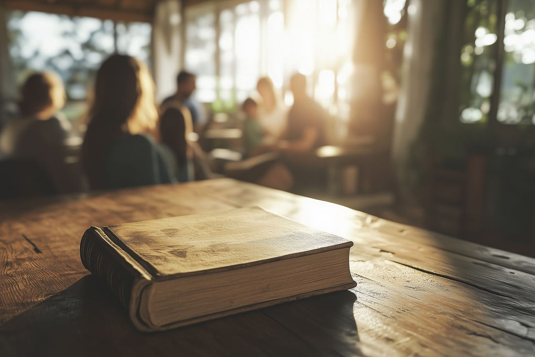 Livre biographique ancien posé sur une table en bois, éclairé par la lumière du soleil, avec une famille floue en arrière-plan.