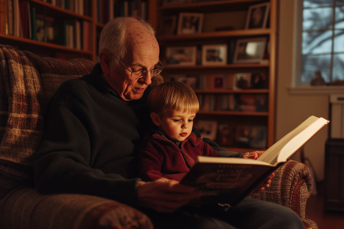 Un grand-père et son petit-fils lisant ensemble un livre dans un salon chaleureux, entourés de photos de famille.