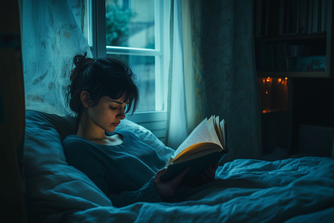 Jeune femme lisant un livre en soirée, assise dans son lit près d'une fenêtre, éclairée par une douce lumière tamisée.