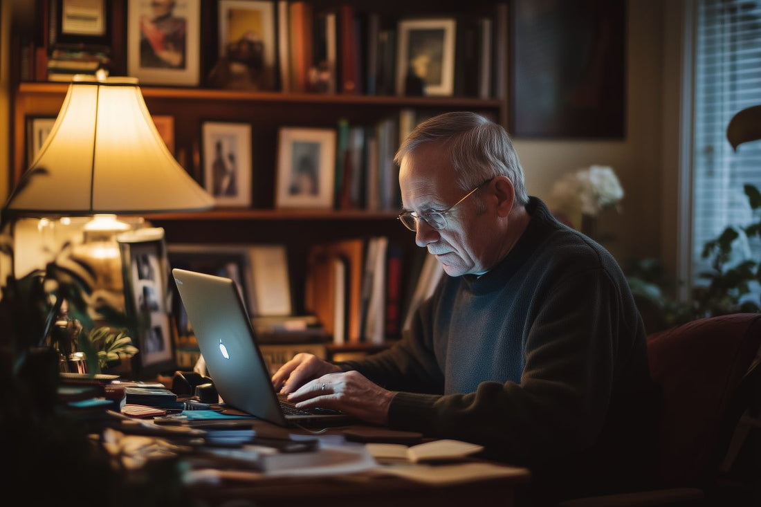 Homme âgé assis à son bureau, concentré en tapant sur un ordinateur portable, entouré de livres et de cadres photo.