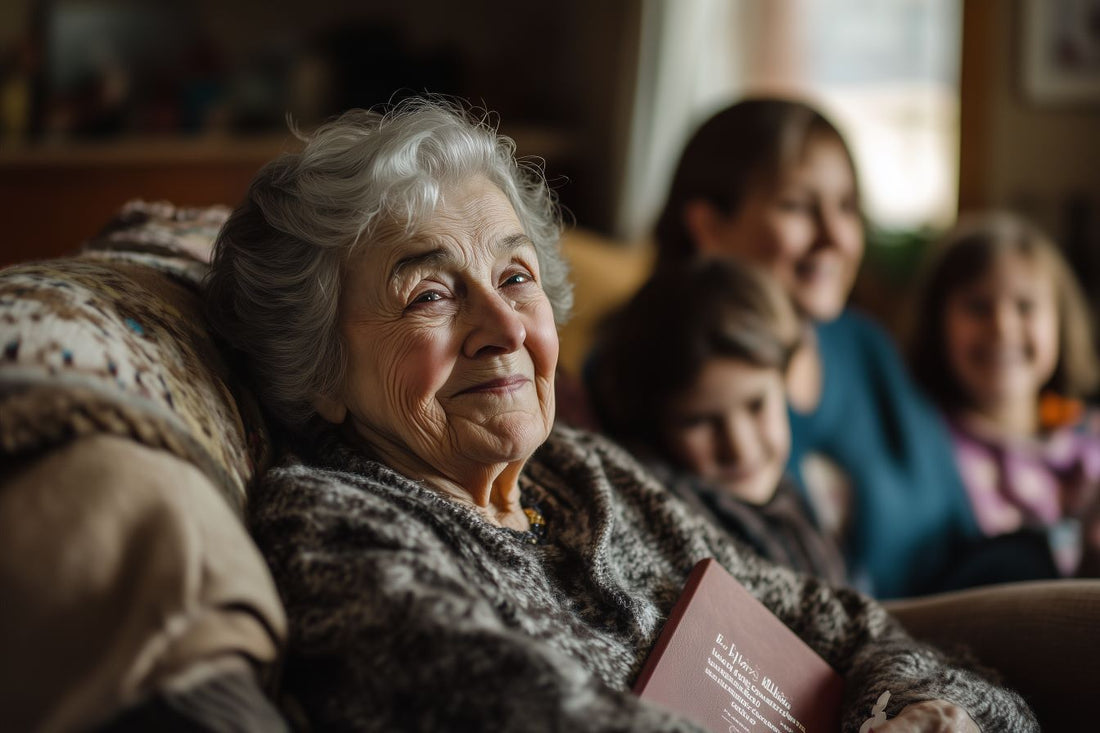 Une grand-mère souriante, assise avec un livre, entourée de sa famille, transmet ses souvenirs et son histoire.