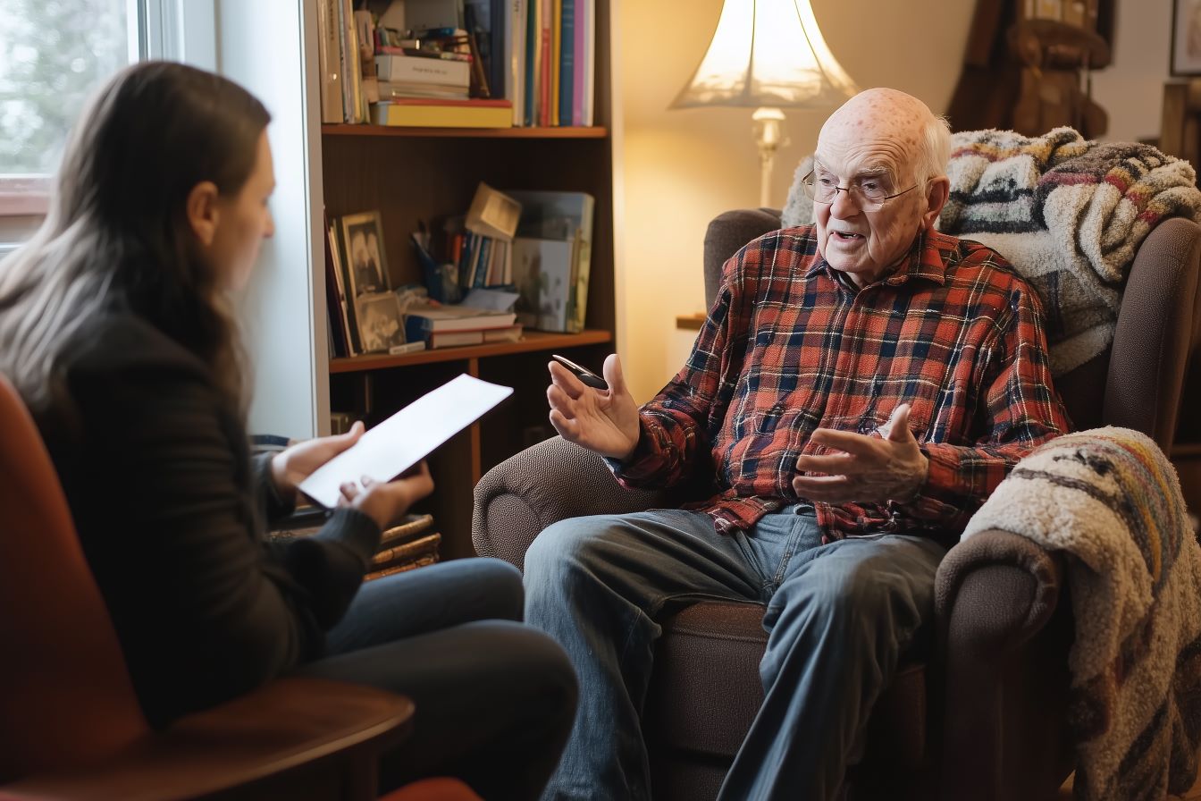Personne âgée en chemise à carreaux partageant ses souvenirs avec une jeune femme qui prend des notes, dans un cadre chaleureux et intime.