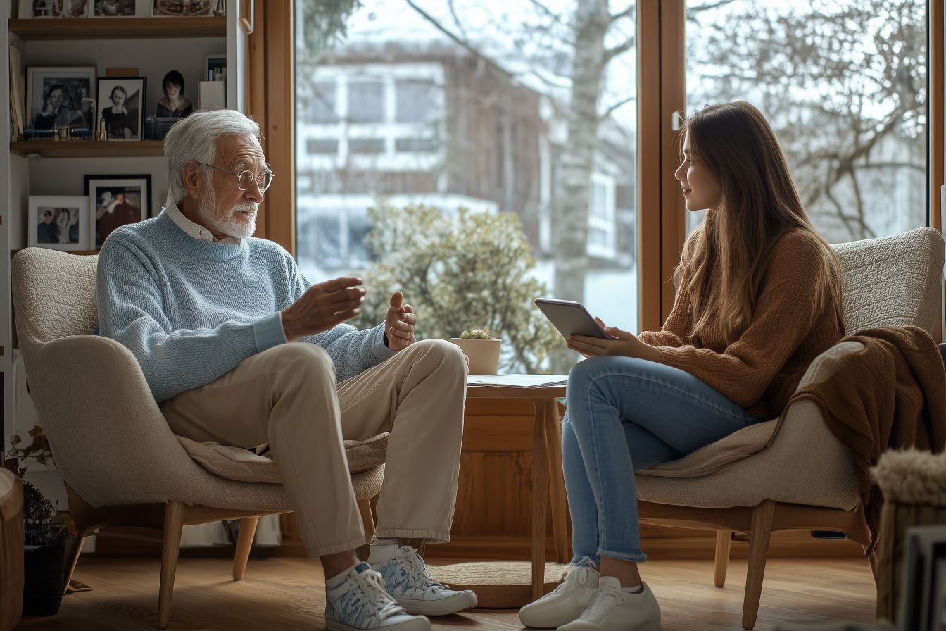 Un homme âgé partage ses souvenirs avec une jeune femme prenant des notes, dans un intérieur lumineux entouré de photos de famille.