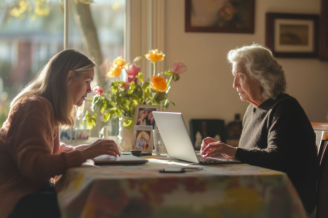 Une femme âgée et une jeune femme travaillent côte à côte sur des ordinateurs portables, entourées de photos de famille et de fleurs.