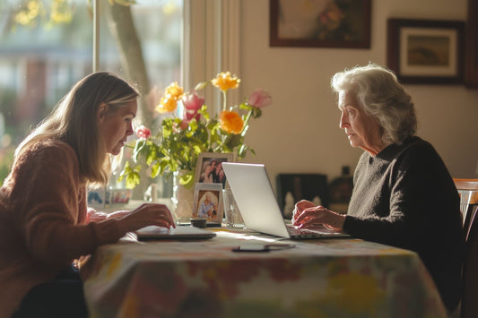 Une femme âgée et une jeune femme travaillent côte à côte sur des ordinateurs portables, entourées de photos de famille et de fleurs.