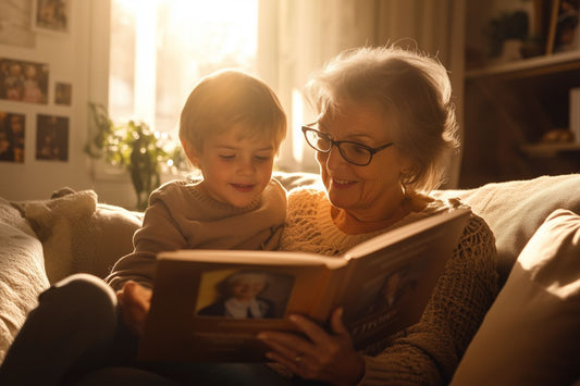 Une grand-mère souriante partage un moment chaleureux avec son petit-fils, lisant un livre de souvenirs dans la lumière douce de l'après-midi, symbolisant la transmission intergénérationnelle et le lien affectif familial.