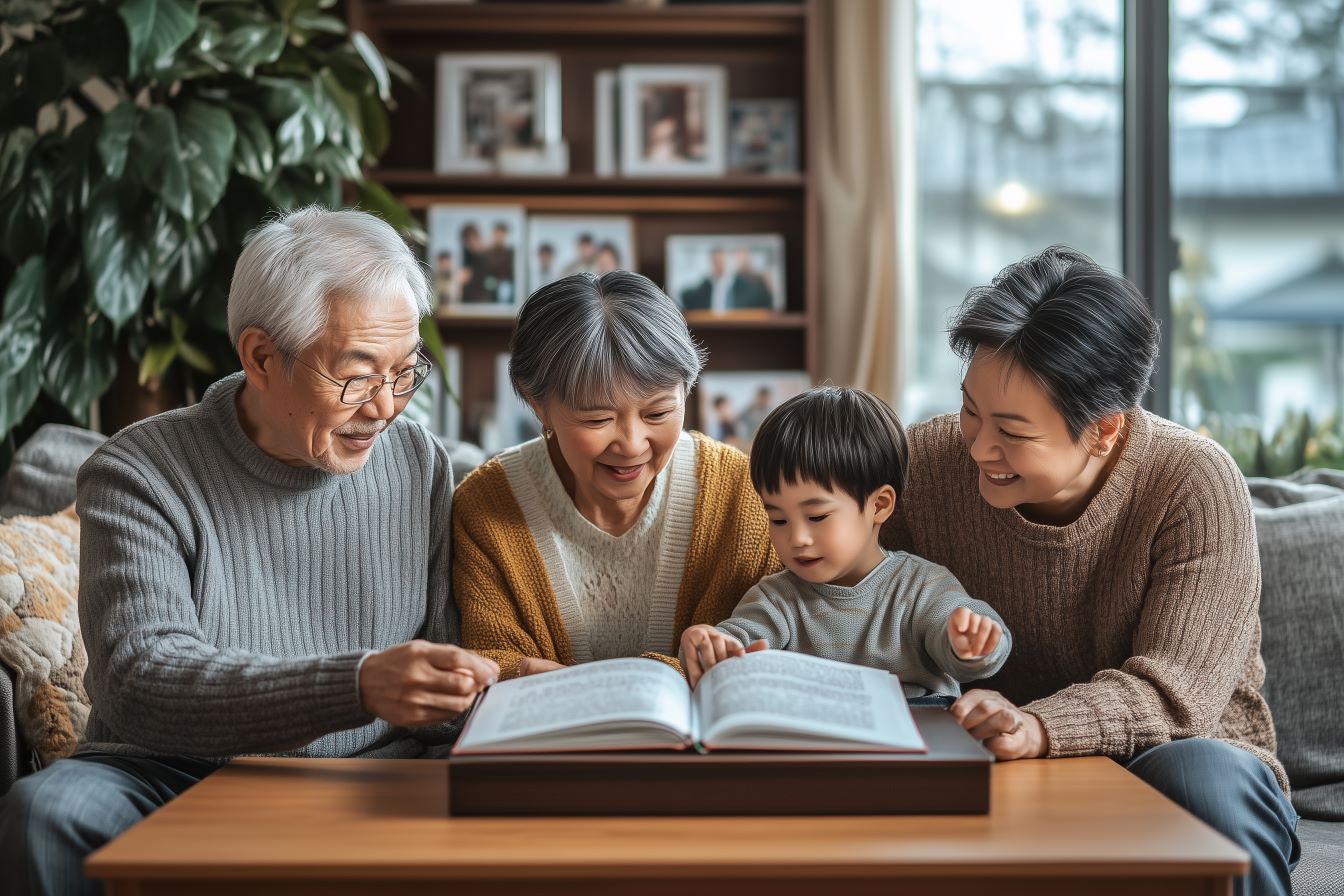 Famille réunie autour d'un livre de souvenirs, symbolisant la transmission intergénérationnelle et le patrimoine familial.