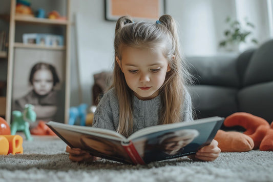 Petite fille captivée par un livre de famille, découvrant l'histoire de ses aînés. Un trésor de souvenirs transmis à travers les générations.