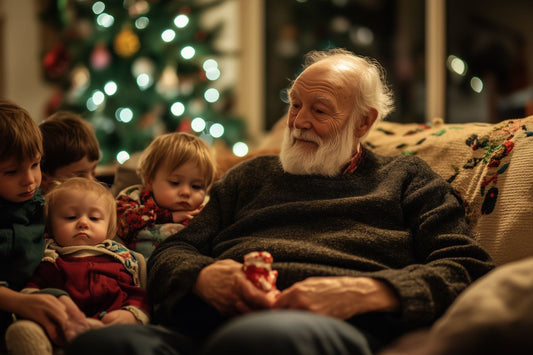 Un grand-père entouré de ses petits-enfants lors des fêtes de Noël, créant des souvenirs chaleureux et intemporels en famille.