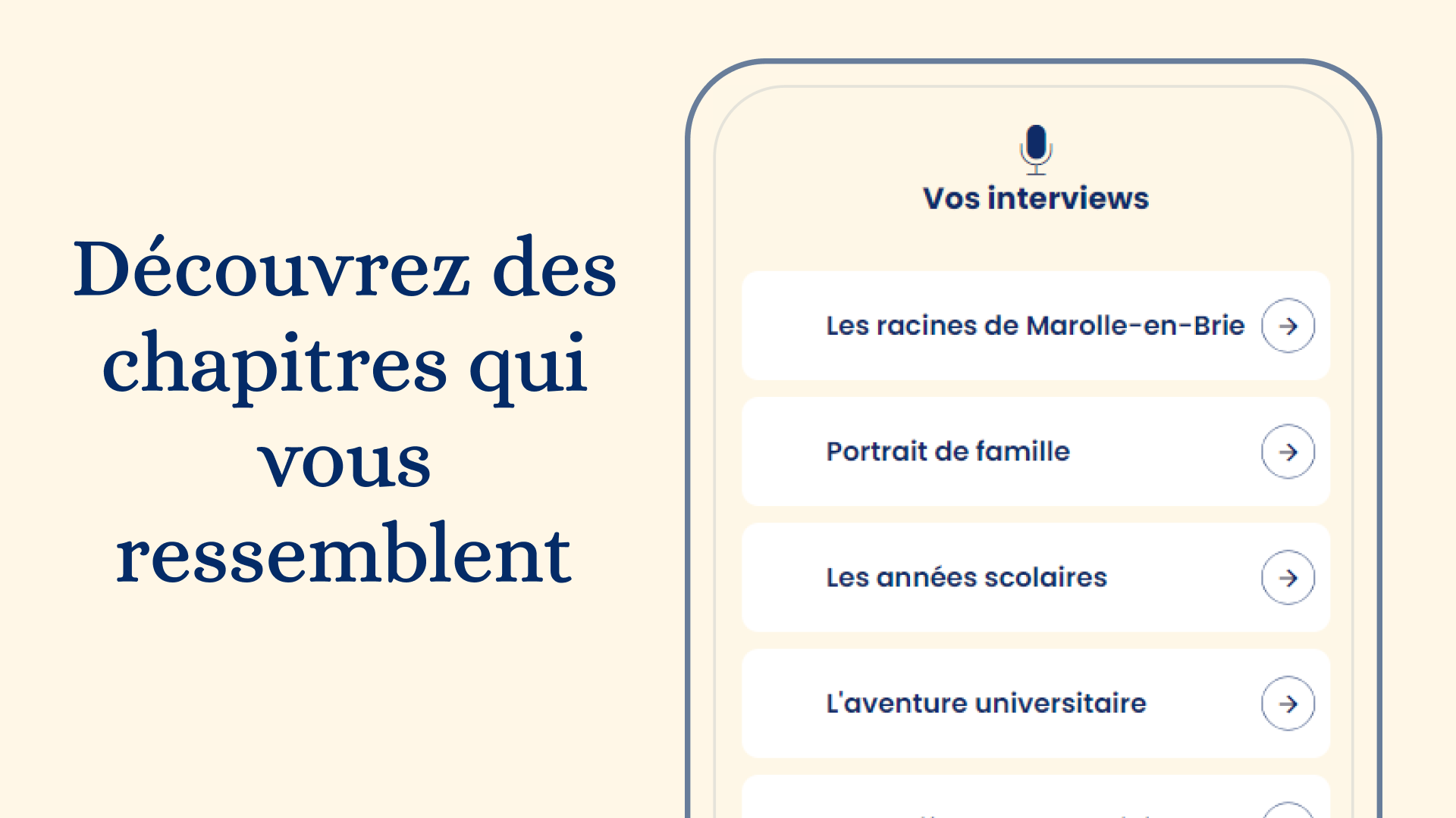 Interface d'Elefantia montrant des chapitres personnalisés tels que 'Portrait de famille' et 'Les années scolaires'.