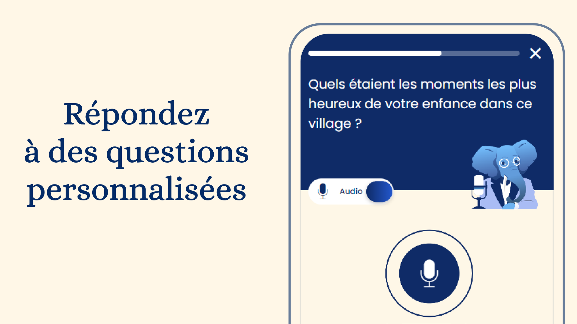 Interface d'Elefantia posant une question personnalisée, avec option de réponse audio.