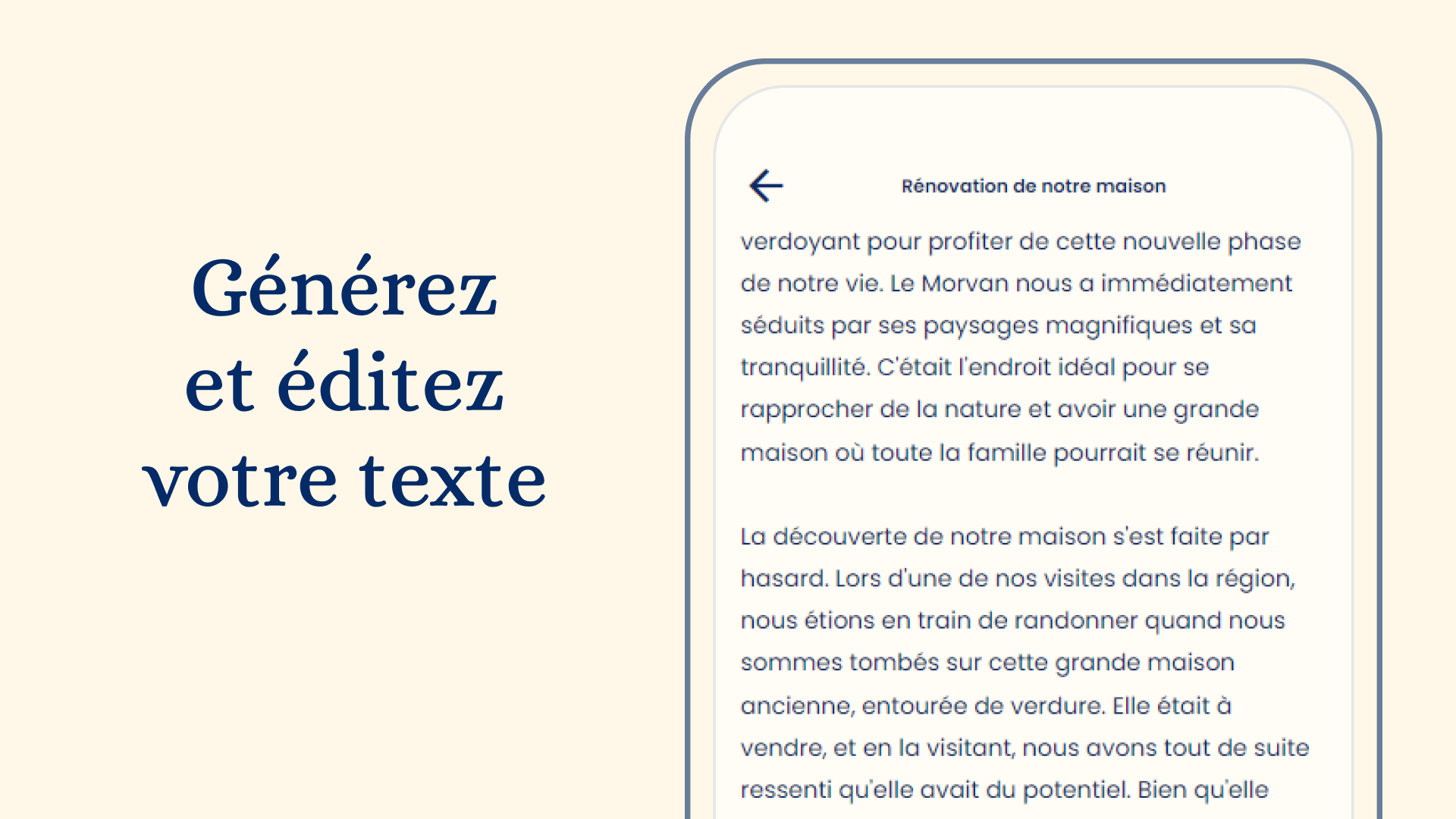 Interface d'édition de texte sur Elefantia avec un exemple de chapitre intitulé 'Rénovation de notre maison'.