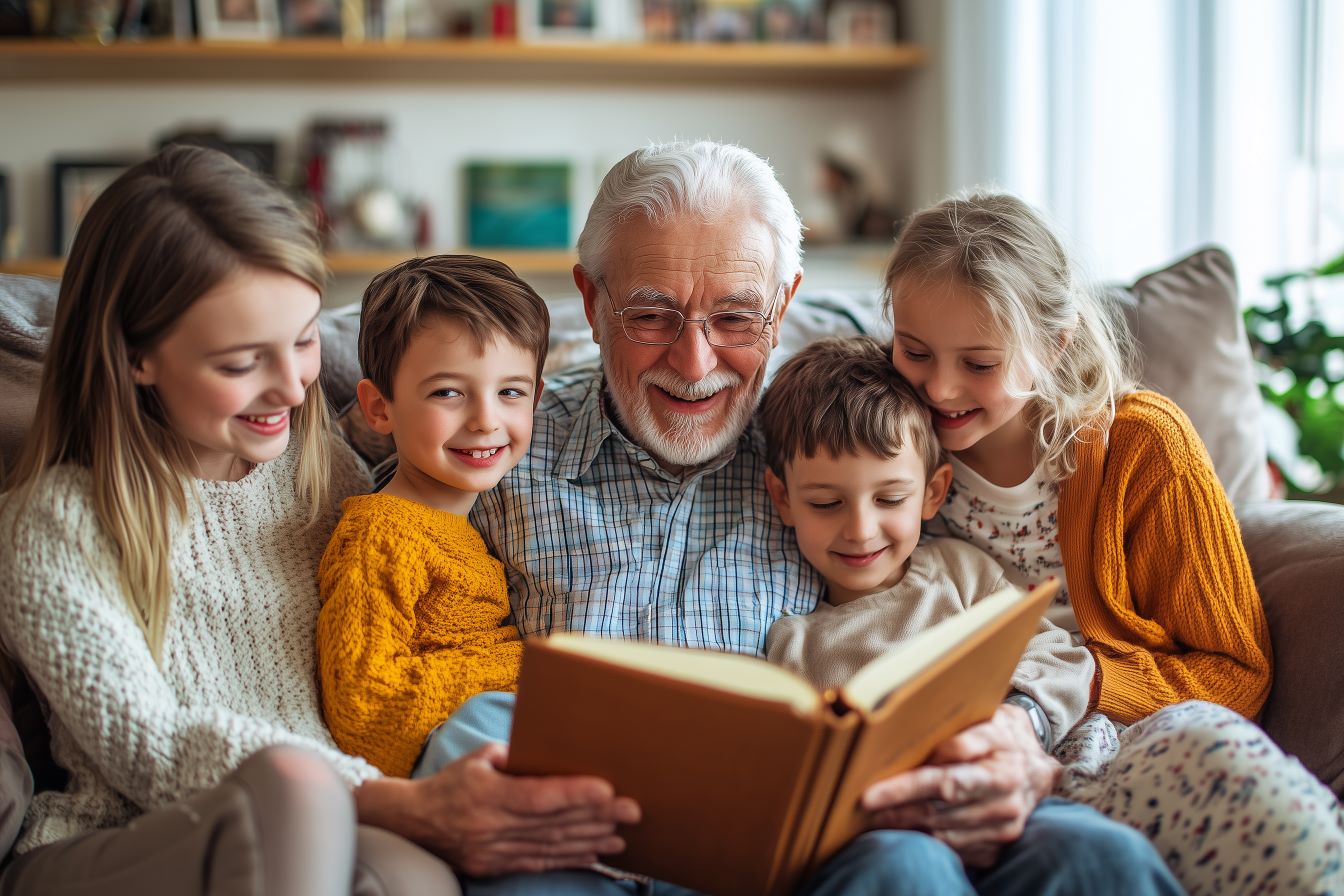 Grand-père lisant un livre entouré de ses petits-enfants, illustrant les liens familiaux intergénérationnels.