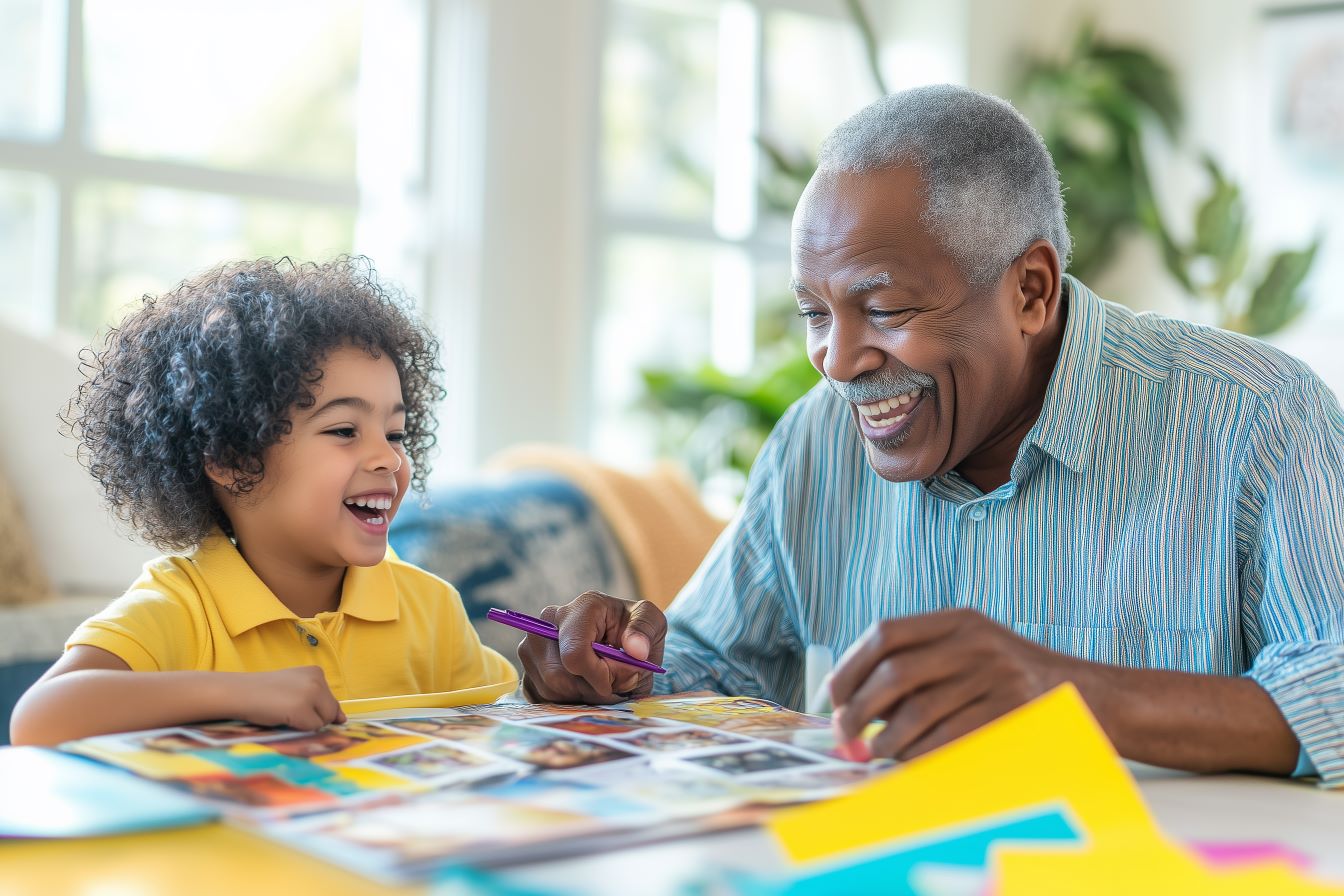 Grand-père et petit-enfant souriants regardant un album photo, célébrant les souvenirs familiaux.