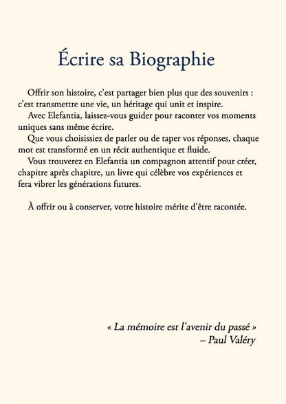 COFFRET CADEAU "Écrire sa Biographie" avec Elefantia inclus