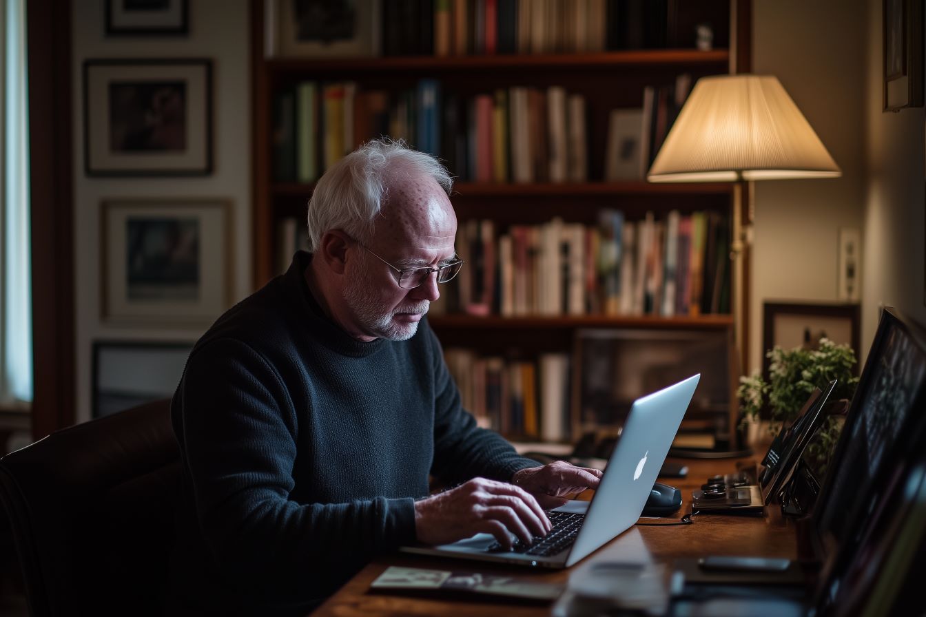 Homme âgé utilisant un ordinateur portable, illustrant l'offre de biographie numérique d'Elefantia pour écrire ses mémoires.