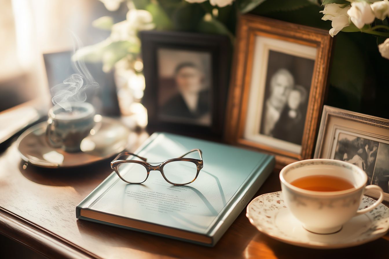 Lunettes posées sur un livre avec des photos de famille en arrière-plan, illustrant l'offre de biographie imprimée d'Elefantia.