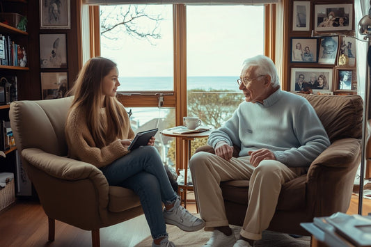 Jeune femme assistant un homme âgé dans la création de sa biographie, illustrant l'offre de biographie guidée avec accompagnement d'Elefantia.