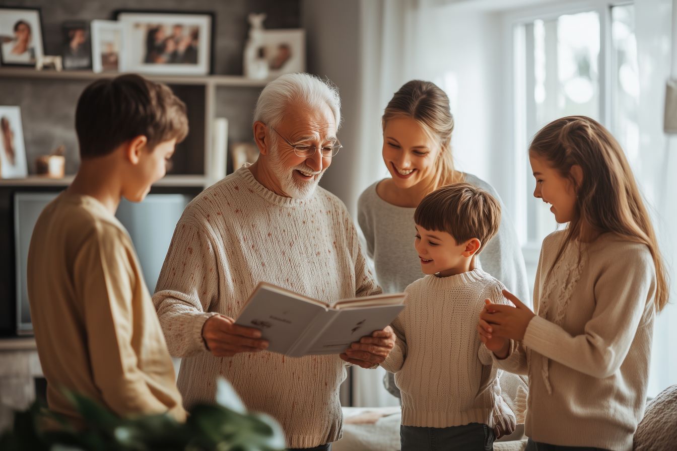 Grand-père lisant un livre de souvenirs entouré de sa famille, symbolisant la transmission et la célébration de la vie.