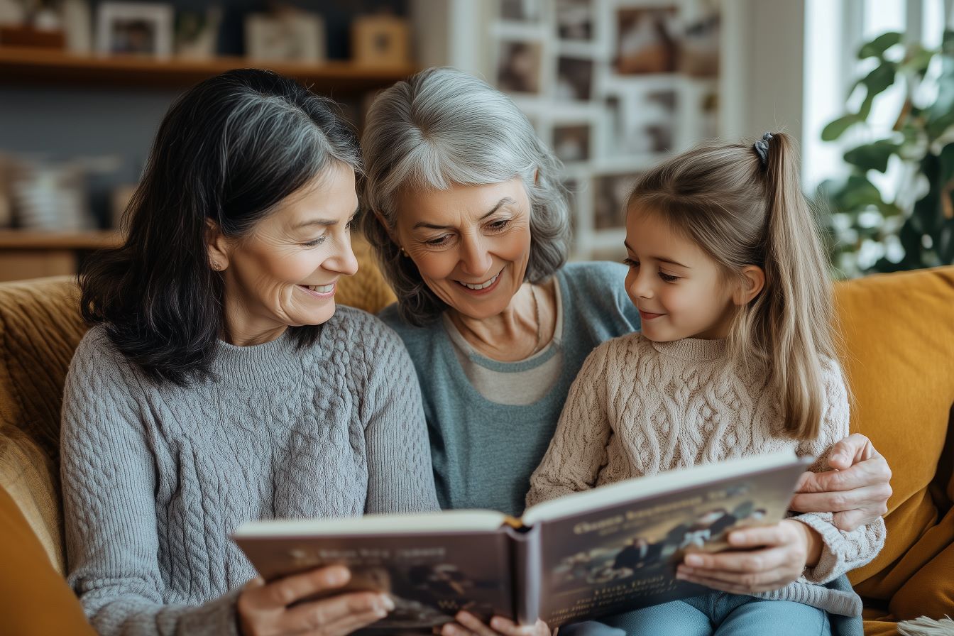 Trois générations de femmes lisant un livre de souvenirs, symbolisant la transmission d'un héritage familial durable.