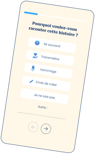 Écran de l'application Elefantia avec la question 'Pourquoi voulez-vous raconter cette histoire ?' et des options de réponse pour personnaliser la biographie.